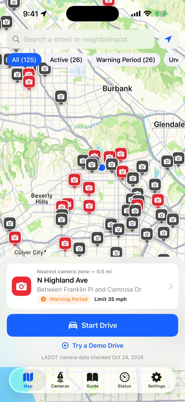 Speed Alert LA screen: Every camera, mapped