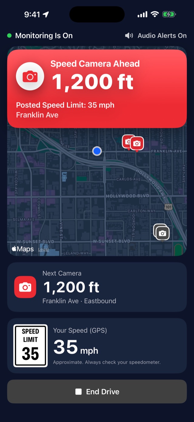 Speed Alert LA alert: speed camera ahead in 1,200 ft, posted limit 35 mph on Franklin Ave