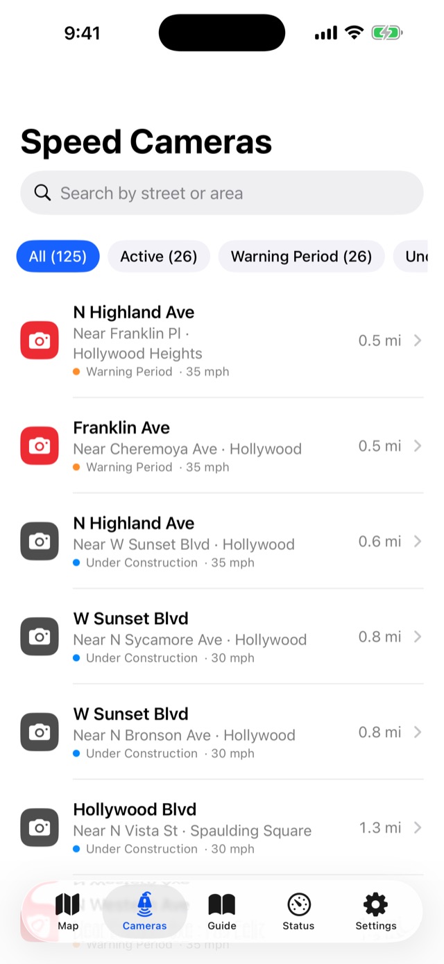 Speed Alert LA screen: Search by street